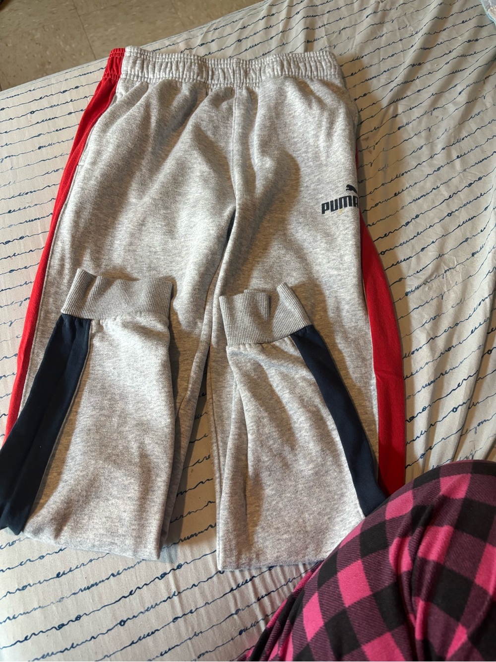 Puma Gray Sweatpants with Red & Navy Side Panels
